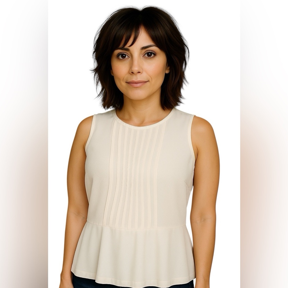 Ann Taylor Mixed Media Pleated Peplum Shell MP Petite Medium * 4 Small Snags